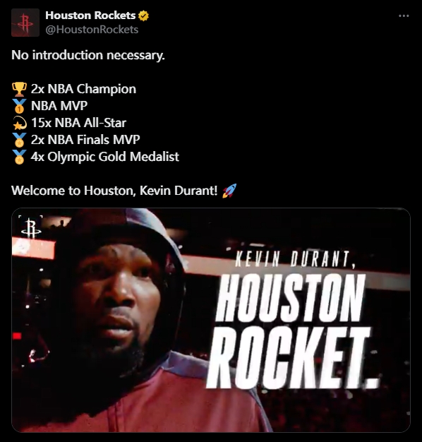 火箭官方列杜兰特生涯履历：无需过多介绍！欢迎来到休斯敦🚀